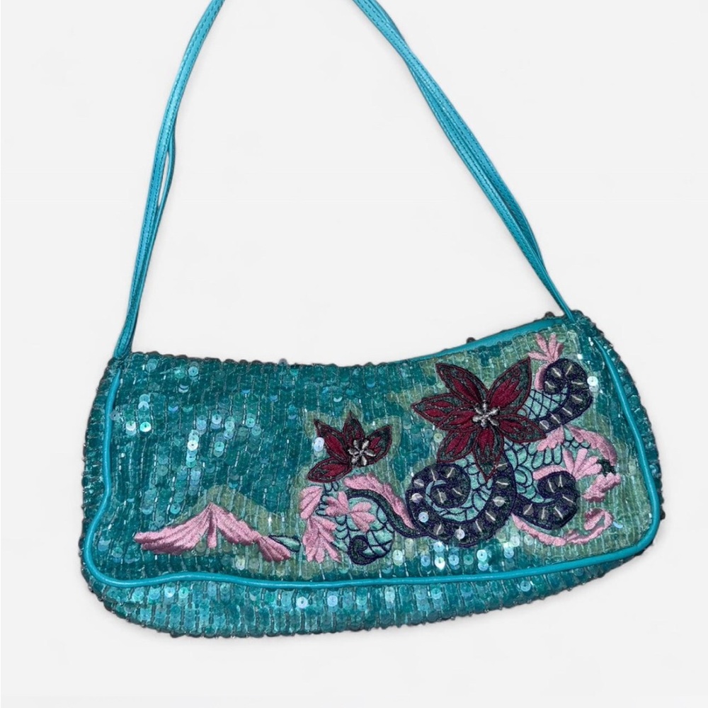 Vintage Karen Millen teal sequin beaded snake shoulder bag